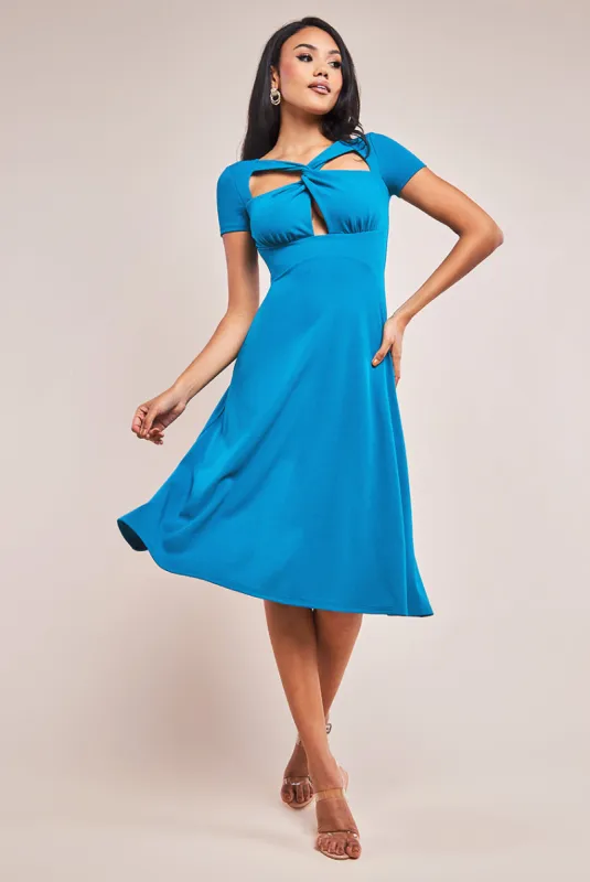 Scuba Crepe Twist Cutout Midi Dress - Teal Blue by Goddiva sold by Goddiva