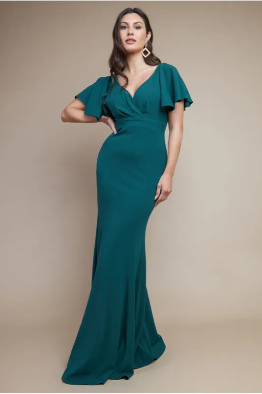Flared Sleeve Front Wrap Maxi Dress - Emerald Green by Goddiva sold by Goddiva