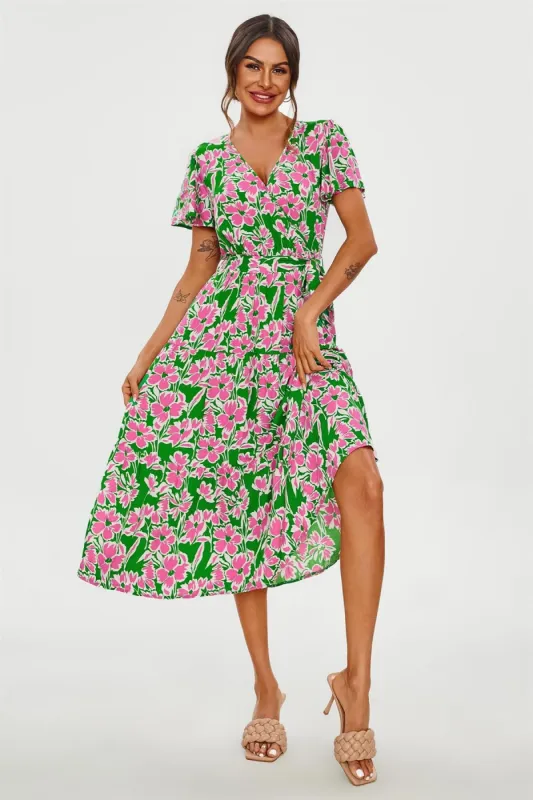 FS Collection Pink Floral Print Hem Tiered Wrap Midi Dress In Green made by Goddiva