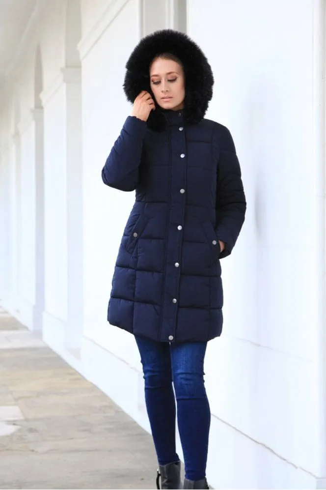 Navy Long Puffer With Fur Collar by Double Second sold by Goddiva product image thumbnail 4