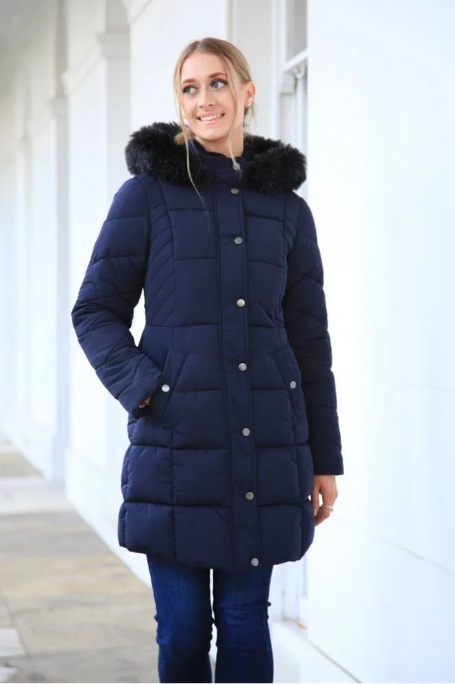 Navy Long Puffer With Fur Collar by Double Second sold by Goddiva