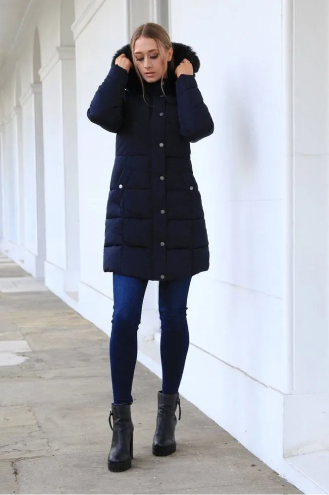 Navy Long Puffer With Fur Collar by Double Second sold by Goddiva product image thumbnail 5