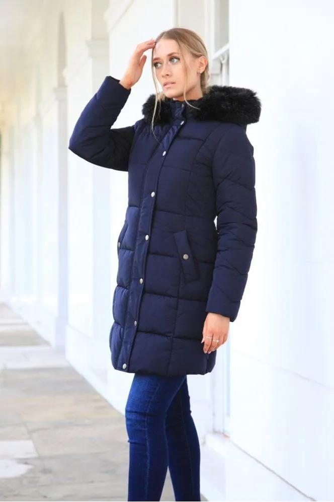 Navy Long Puffer With Fur Collar by Double Second sold by Goddiva product image thumbnail 2