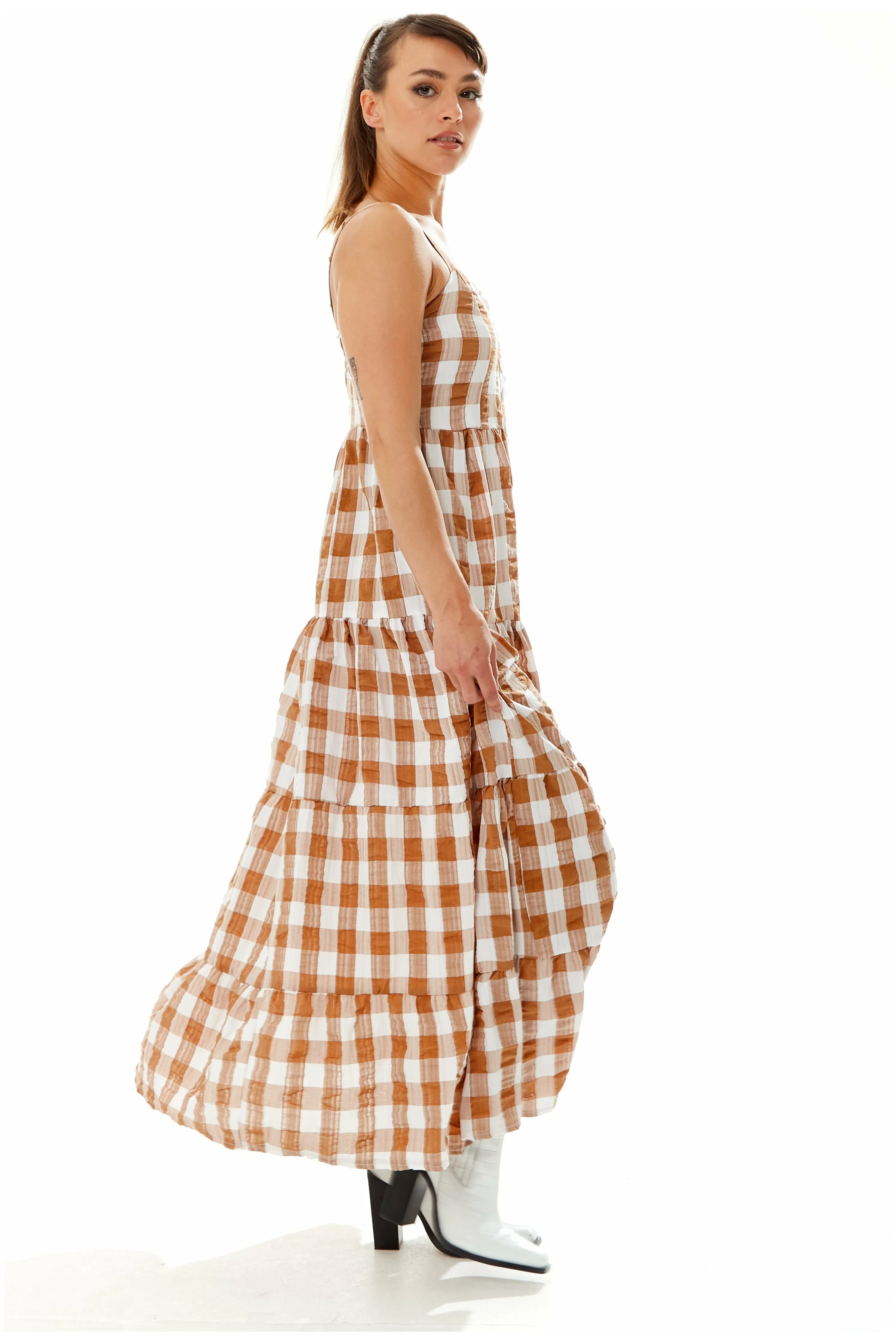 Gingham Print Maxi Dress In Brown And White by Liquorish sold by Goddiva product image thumbnail 3