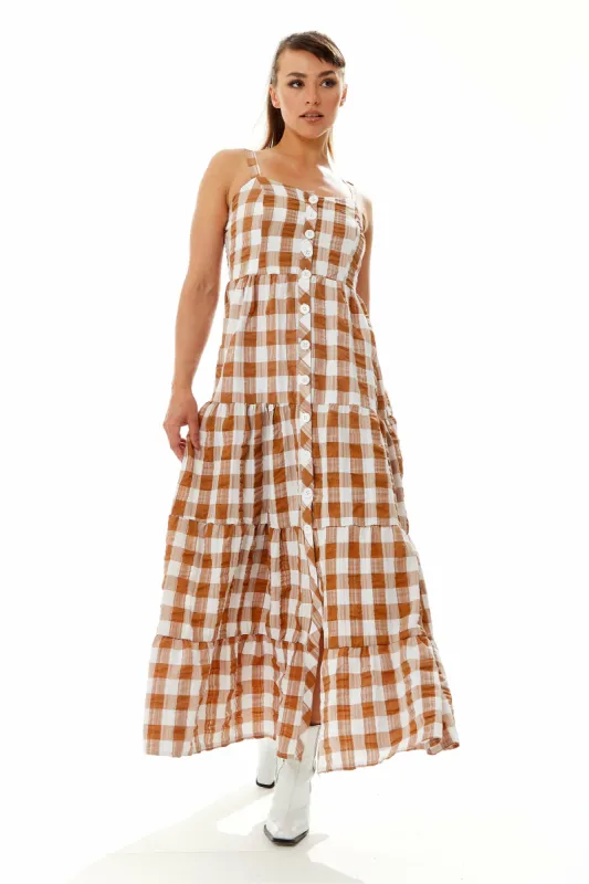 Gingham Print Maxi Dress In Brown And White by Liquorish sold by Goddiva