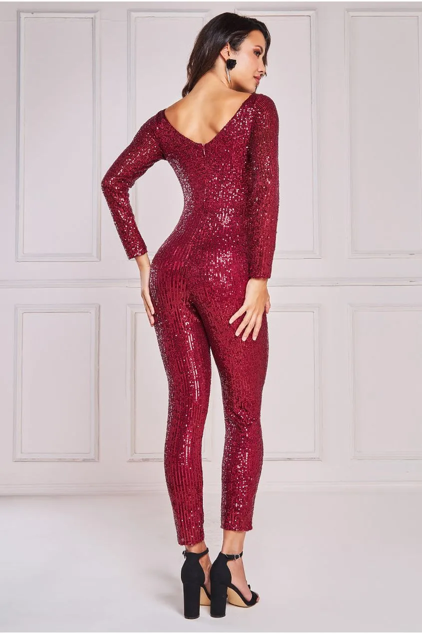 Stripe Sequin Jumpsuit - Wine by Goddiva sold by Goddiva product image thumbnail 2