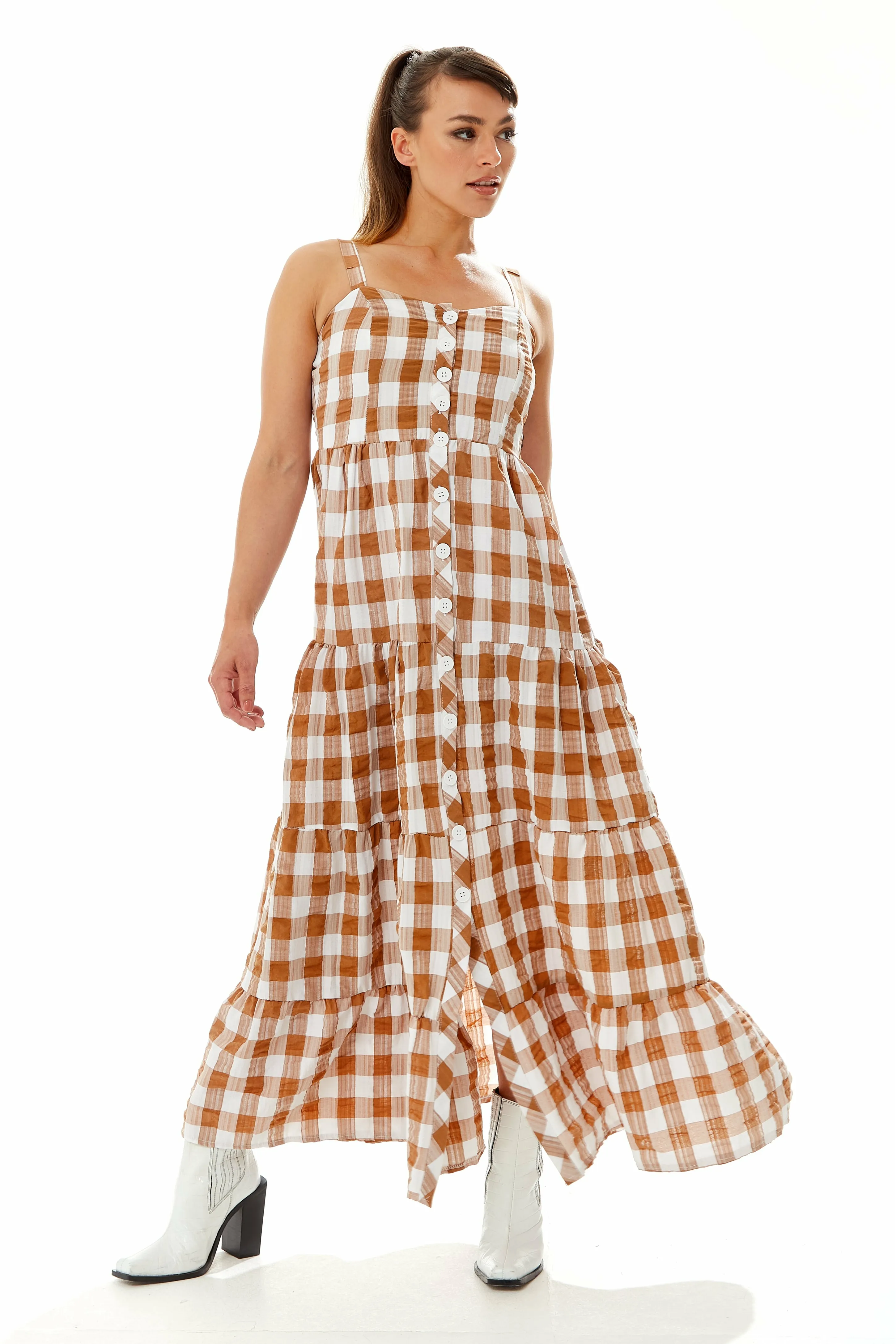 Gingham Print Maxi Dress In Brown And White by Liquorish sold by Goddiva product image thumbnail 2