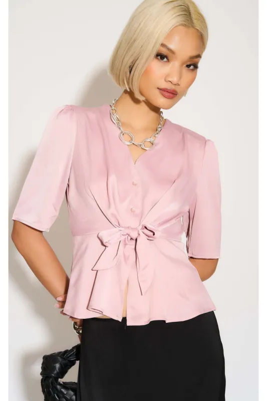 Pink Short Sleeve Knotted Crepe Satin Top by LOVE SUNSHINE sold by Goddiva
