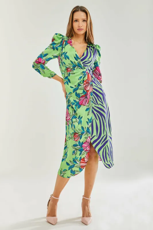 Liquorish Floral Animal Contrast Print Waist Wrap Midi Dress sold by Goddiva