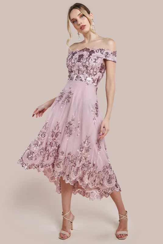 Bardot Sequin & Lace High Low Midi - Blush by Goddiva sold by Goddiva