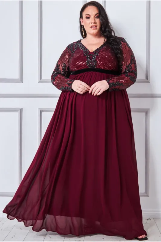 Goddiva Plus Sequin Mesh Bodice Maxi Dress - Wine sold by Goddiva