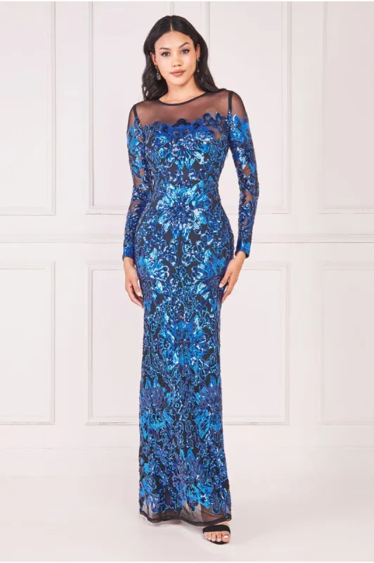 Floral Sequin Mesh Maxi - Navy by Goddiva sold by Goddiva