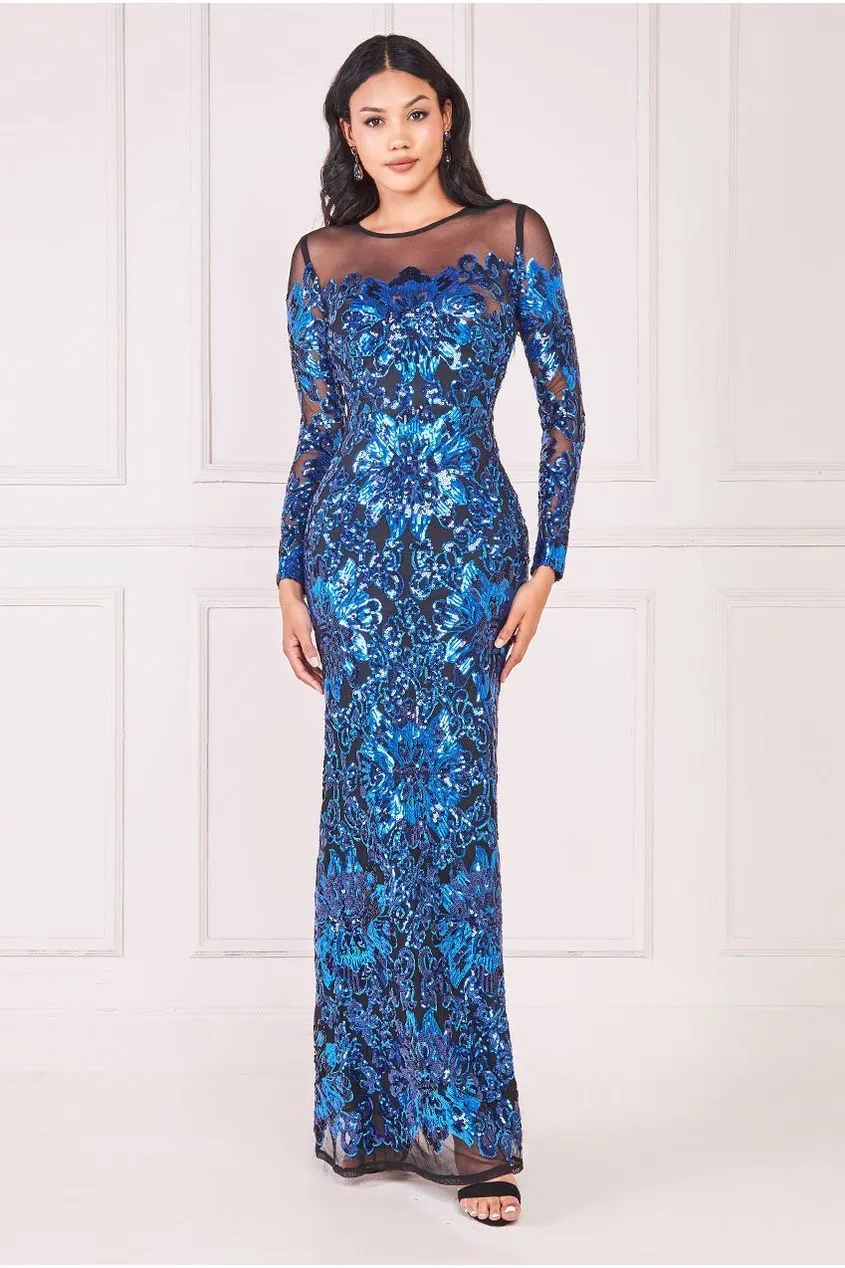 Floral Sequin Mesh Maxi - Navy by Goddiva sold by Goddiva