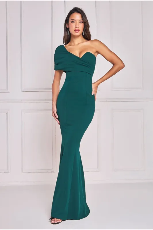 One Shoulder Fan Maxi Dress - Emerald Green by Goddiva sold by Goddiva