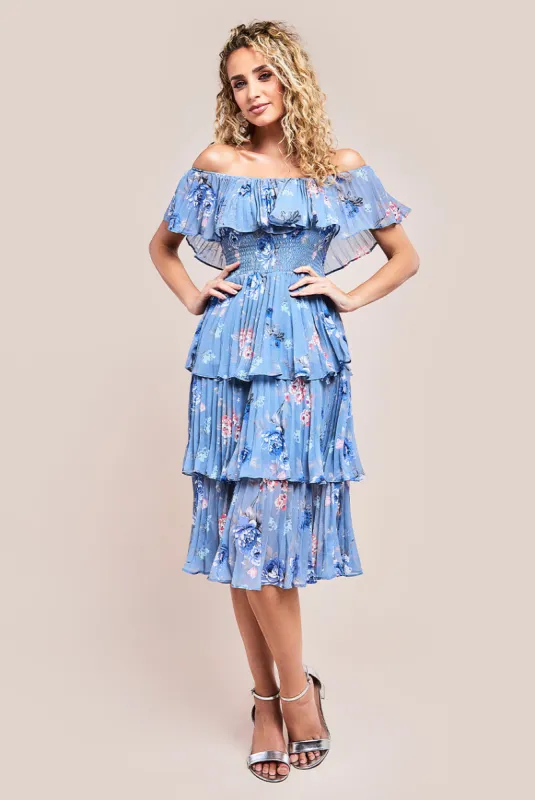 Goddiva Pleated Bodice Chiffon Tiered Midi Dress - Blue sold by Goddiva