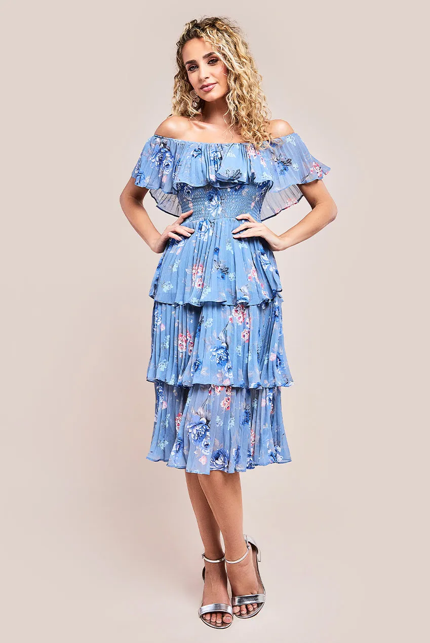 Goddiva Pleated Bodice Chiffon Tiered Midi Dress - Blue sold by Goddiva