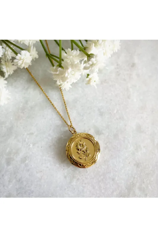 Wisteria London Maria Gold Flower Locket sold by Goddiva