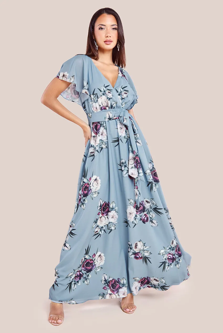 Goddiva Sustainable Printed Flutter Sleeve Maxi Dress - Airforce Blue sold by Goddiva