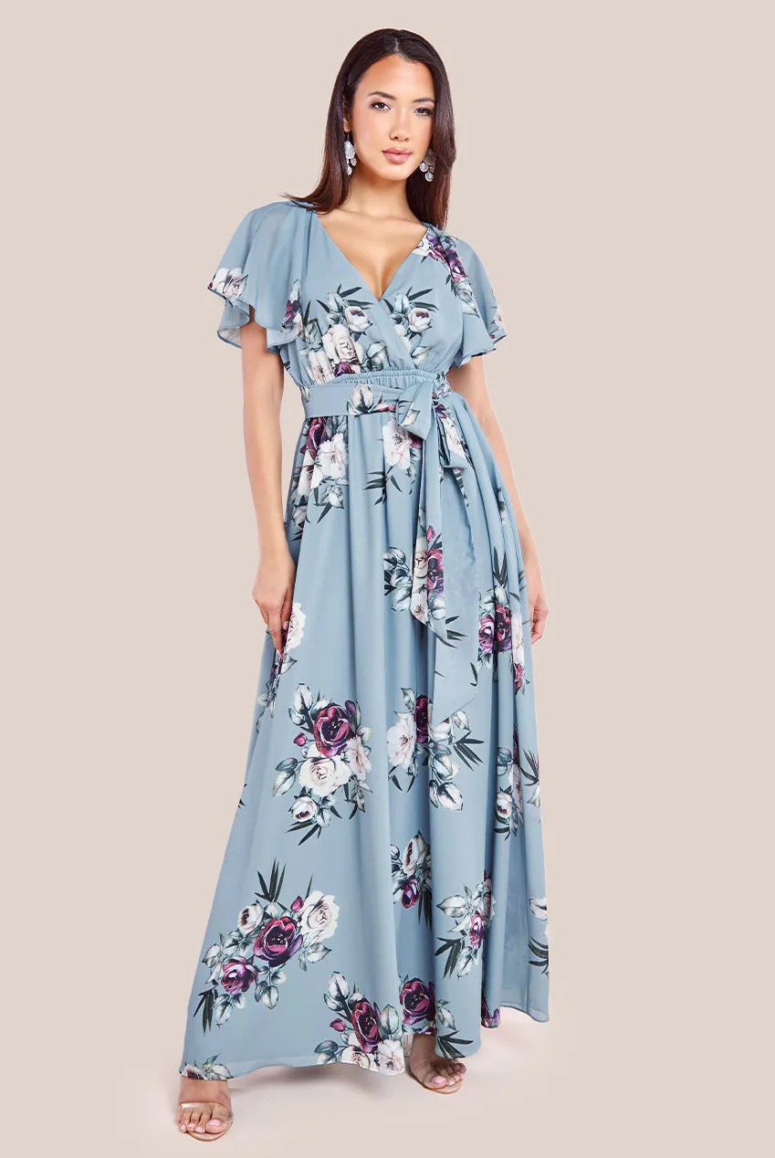 Goddiva Sustainable Printed Flutter Sleeve Maxi Dress - Airforce Blue sold by Goddiva product image thumbnail 4