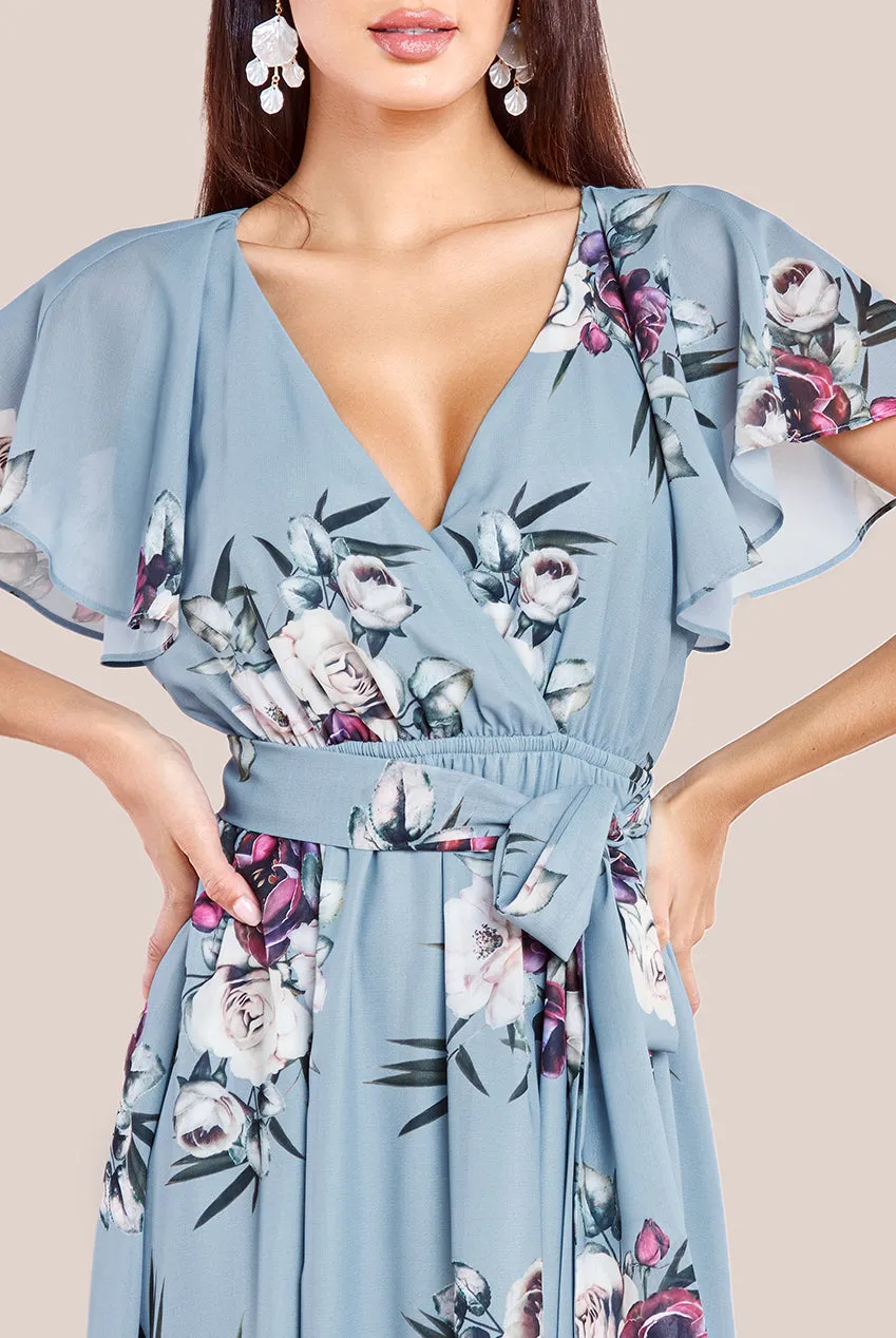 Goddiva Sustainable Printed Flutter Sleeve Maxi Dress - Airforce Blue sold by Goddiva product image thumbnail 3