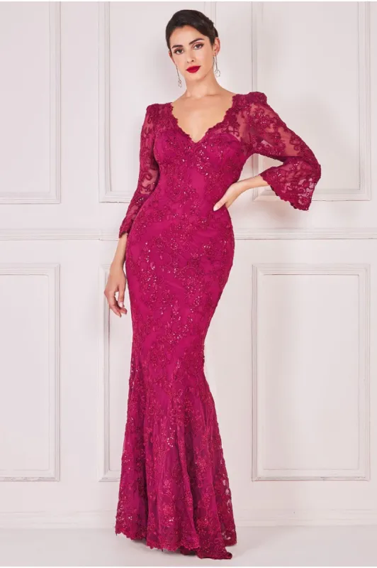Scalloped Lace Maxi Dress - Burgundy by Goddiva sold by Goddiva