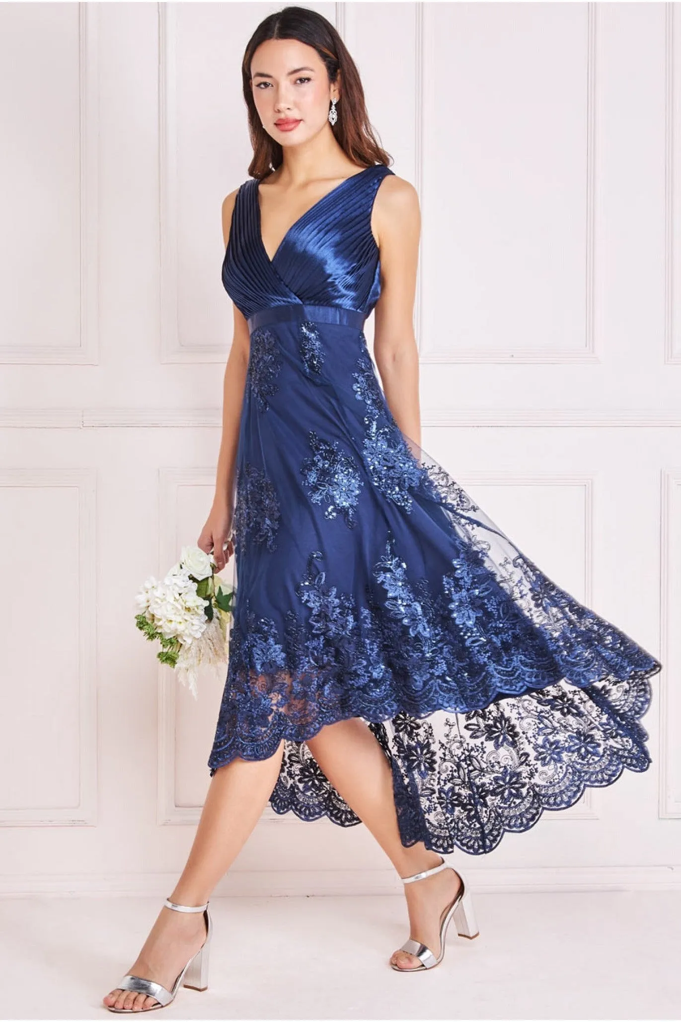 Pleated Satin V Neck High And Low Midi - Navy by Goddiva sold by Goddiva