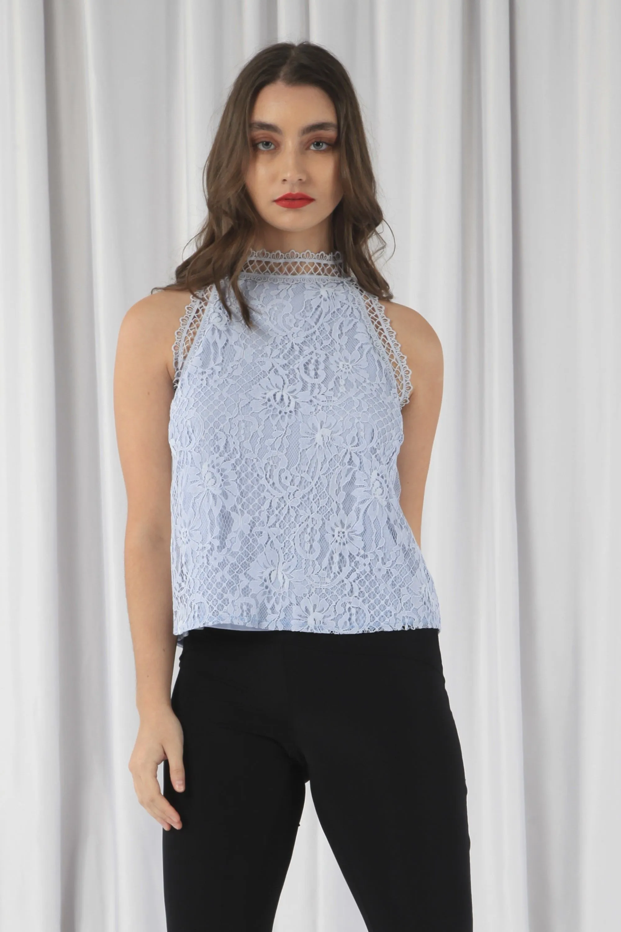 Double Second Blue Halter Neck Lace Top sold by Goddiva
