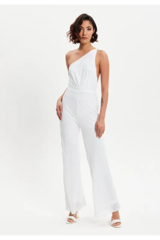 White Sequin Jersey One Shoulder Jumpsuit by Liquorish sold by Goddiva