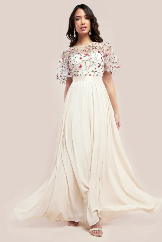 Embroidered Top Flutter Sleeve Maxi - Ivory by Goddiva sold by Goddiva