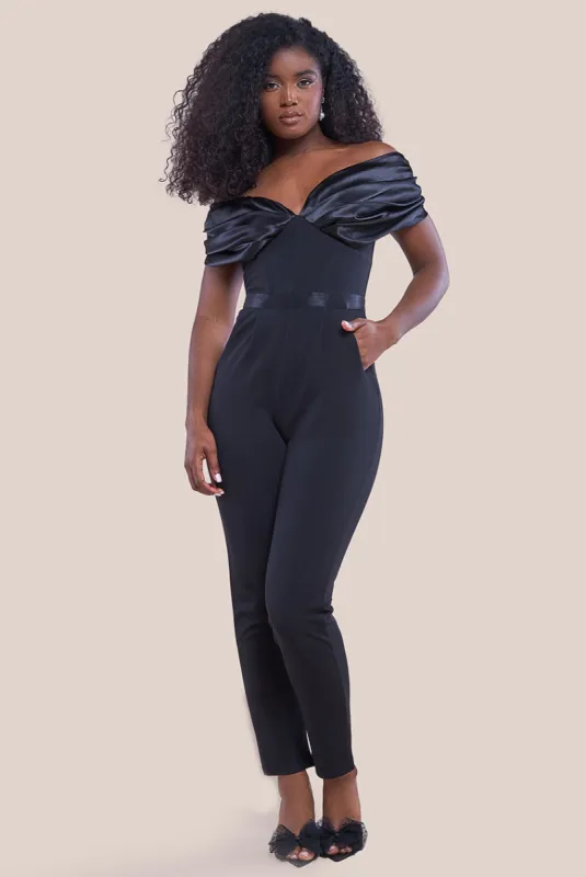 Goddiva Corset Bodice Scuba & Satin Bardot Jumpsuit - Black sold by Goddiva