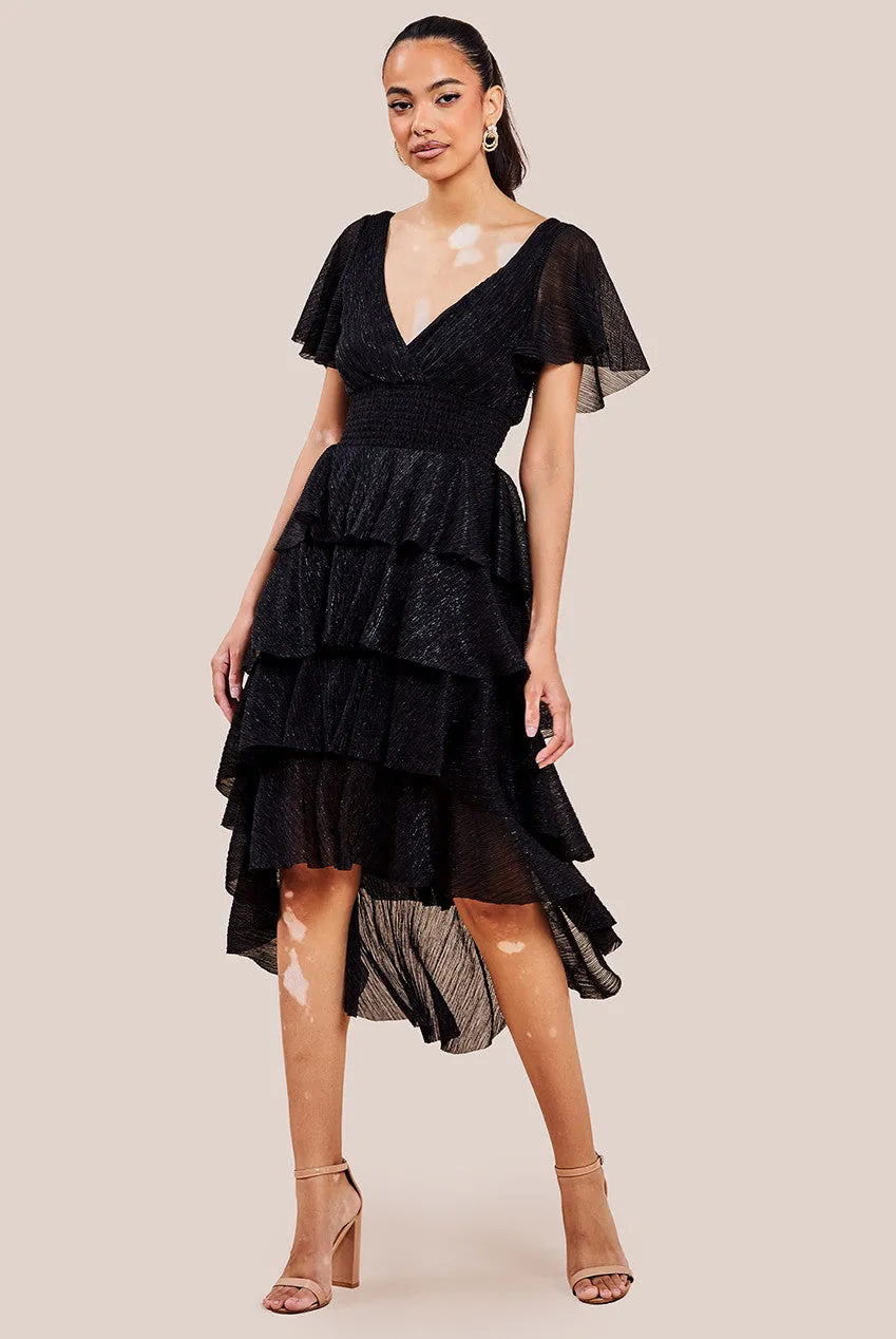 Crinkle Lurex High Low Layered Midi Dress - Black by Goddiva sold by Goddiva