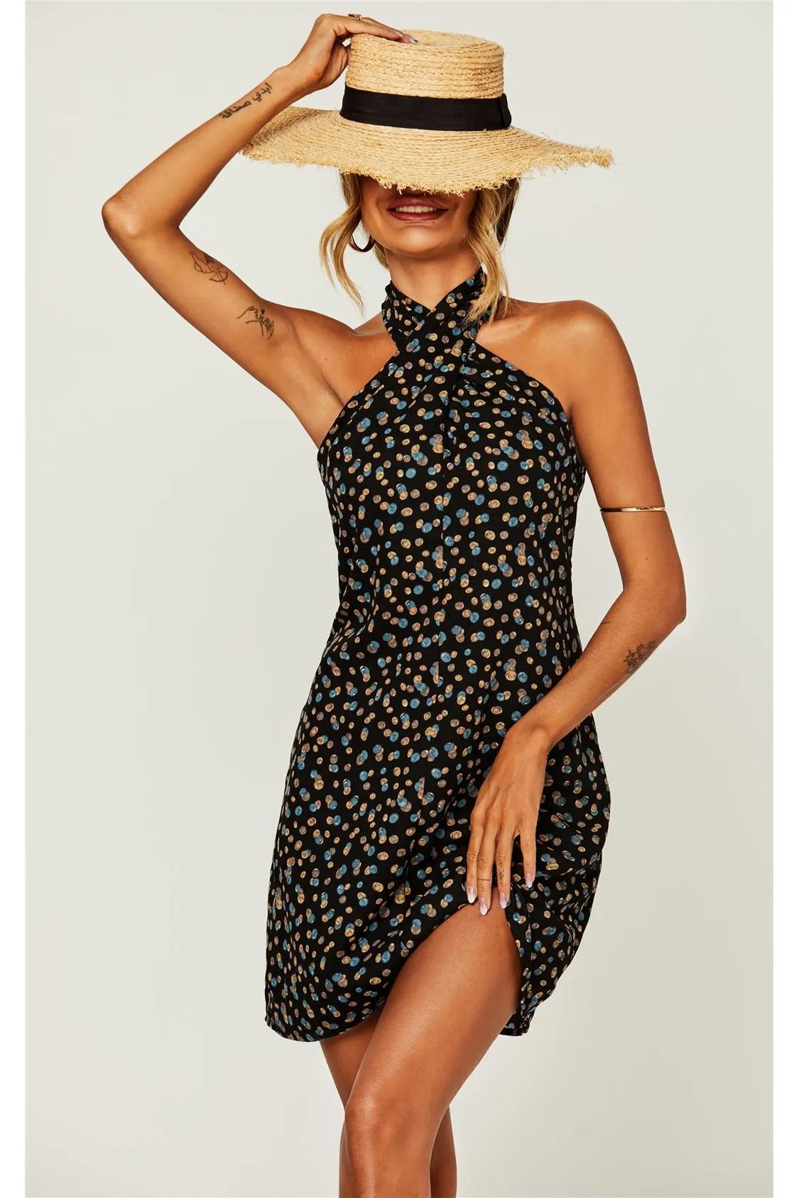 Spot Print Halter Neck Back Detail Mini Dress In Black by FS Collection sold by Goddiva product image thumbnail 5