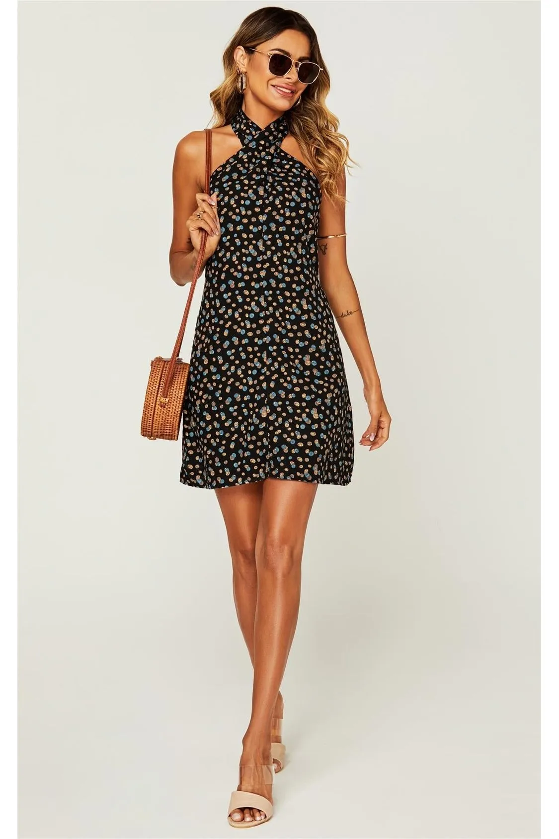 Spot Print Halter Neck Back Detail Mini Dress In Black by FS Collection sold by Goddiva product image thumbnail 2