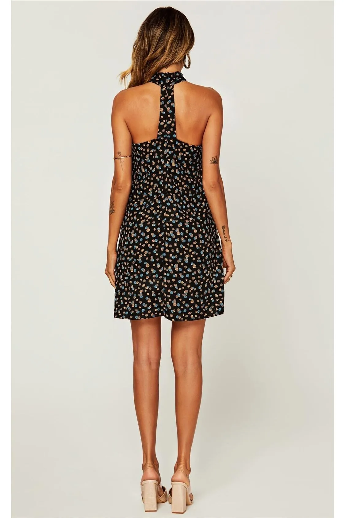 Spot Print Halter Neck Back Detail Mini Dress In Black by FS Collection sold by Goddiva product image thumbnail 3
