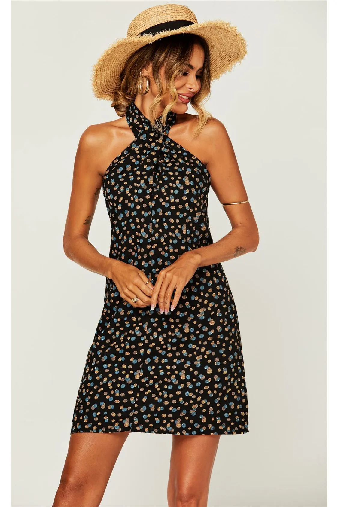 Spot Print Halter Neck Back Detail Mini Dress In Black by FS Collection sold by Goddiva product image thumbnail 4