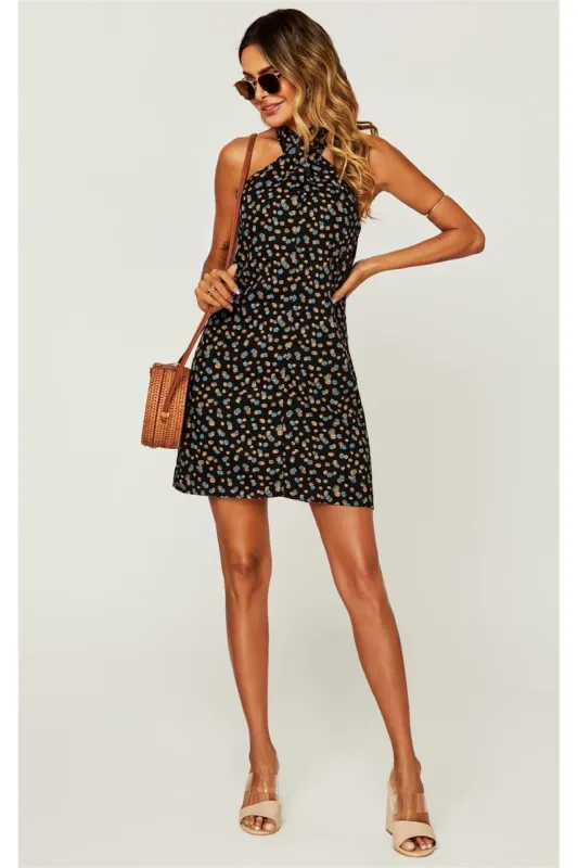 Spot Print Halter Neck Back Detail Mini Dress In Black by FS Collection sold by Goddiva