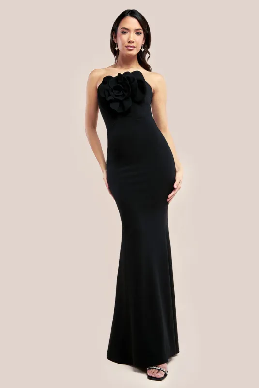 Scuba Crepe Bandeau Rose Maxi Dress - Black by Goddiva sold by Goddiva