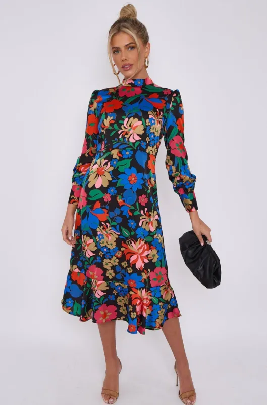 LOVE SUNSHINE Black Floral Print Bubble Satin Frilled Hem Midi Dress sold by Goddiva