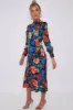 LOVE SUNSHINE Black Floral Print Bubble Satin Frilled Hem Midi Dress sold by Goddiva