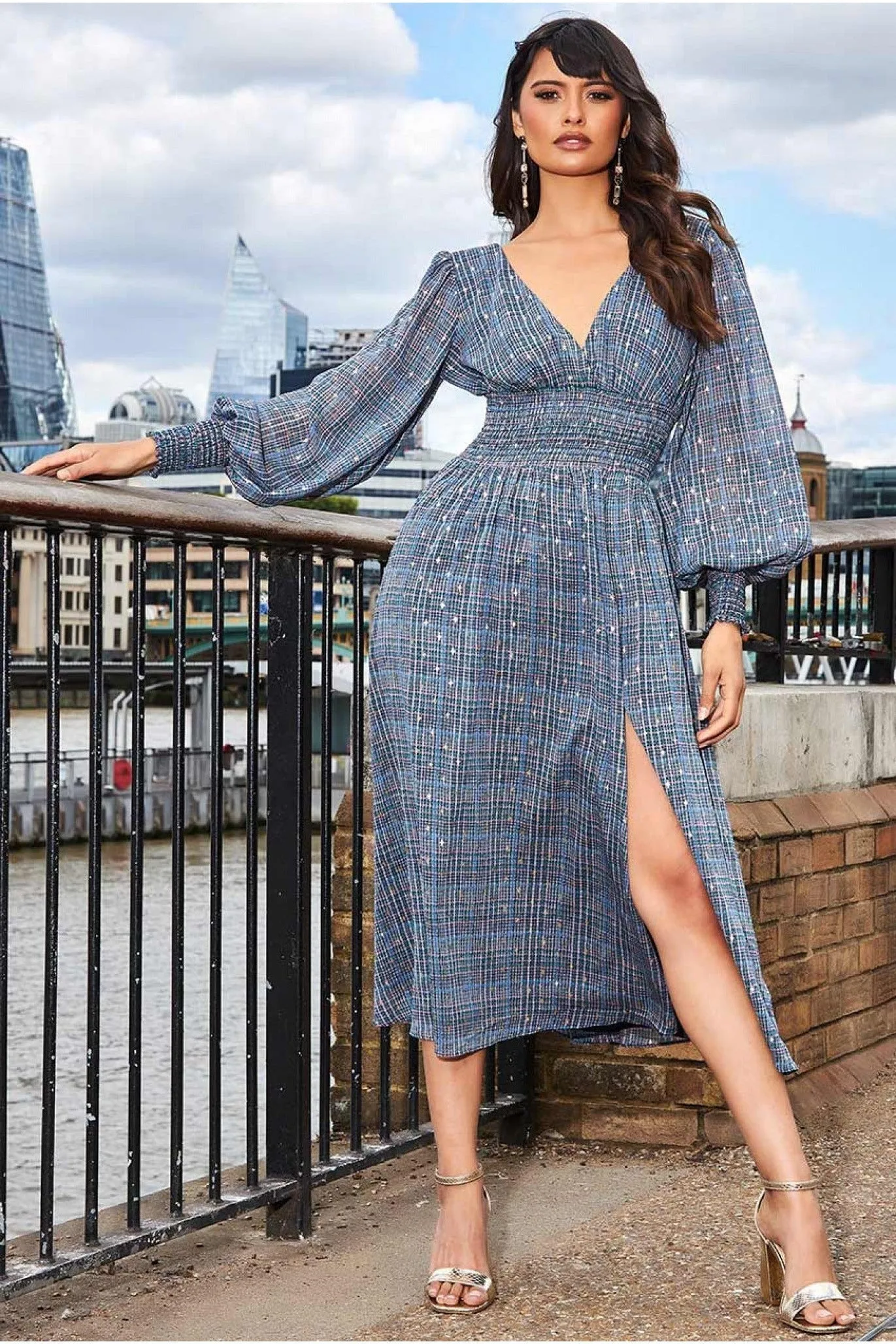 Long Sleeve Midi Shirred Waistband - Check Print by Goddiva sold by Goddiva