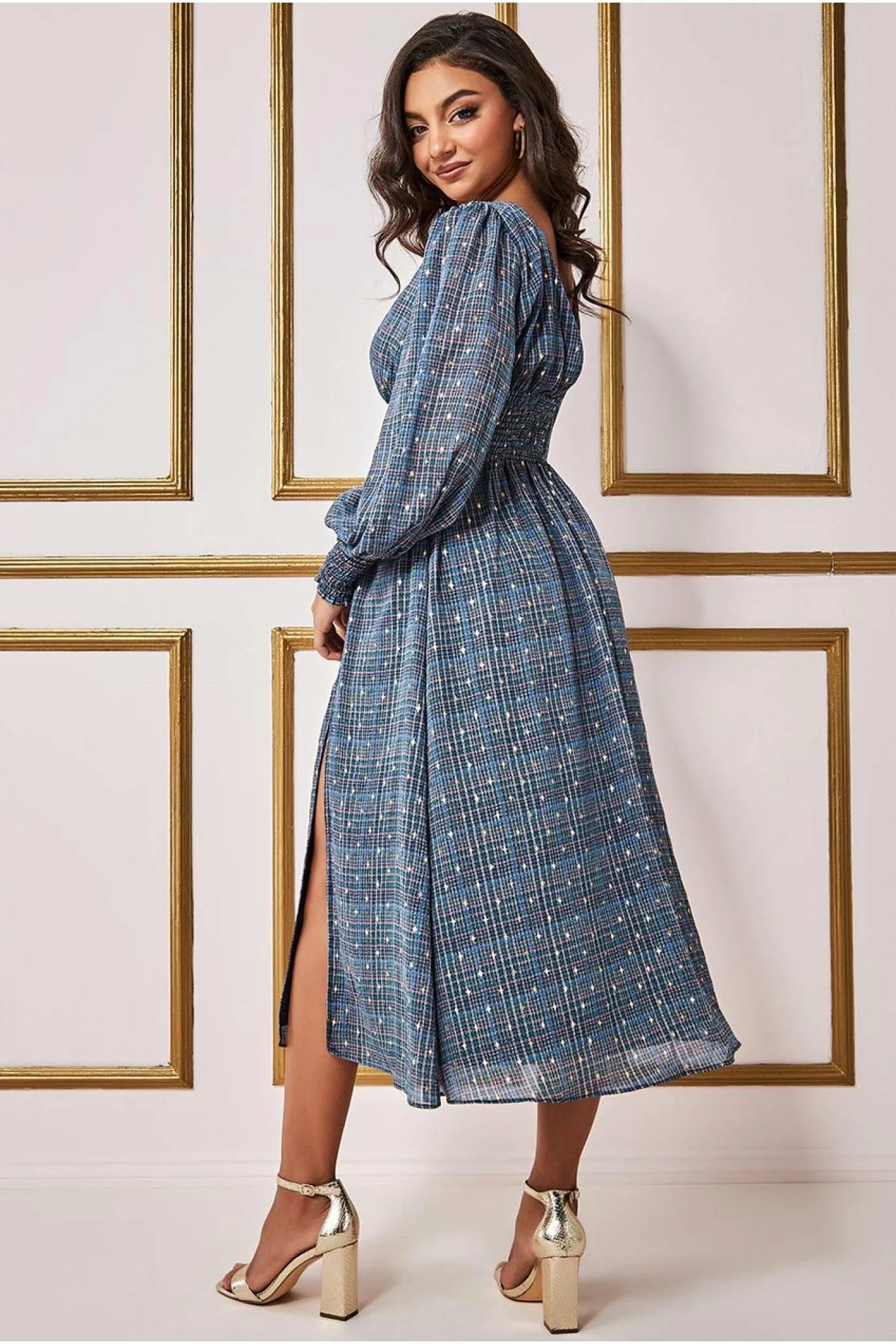 Long Sleeve Midi Shirred Waistband - Check Print by Goddiva sold by Goddiva product image thumbnail 3