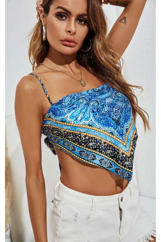 FS Collection Black Strip Floral Print Tie Back Cami Top In Blue sold by Goddiva