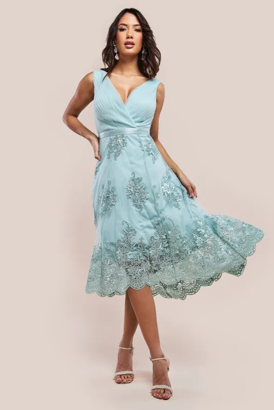 Pleated Satin Bodice High And Low Dress - Sage Green by Goddiva sold by Goddiva