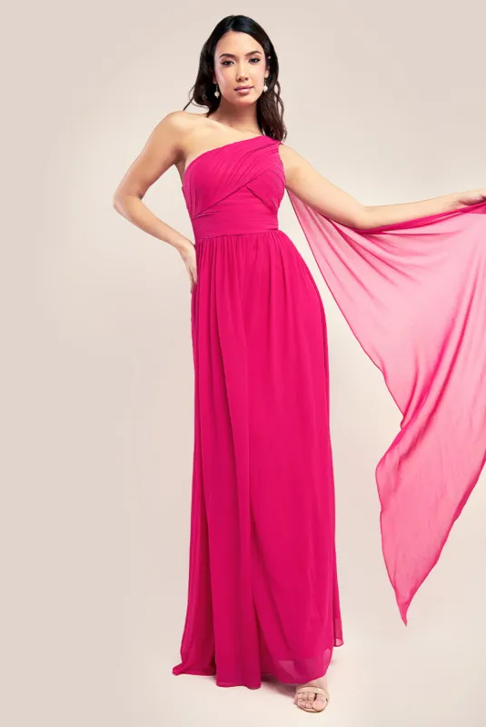 One Shoulder Pleated Chiffon Scarf Maxi - Magenta by Goddiva sold by Goddiva