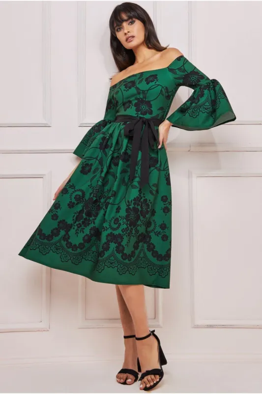 Printed Off The Shoulder Midi Dress - Emerald Green by Goddiva sold by Goddiva