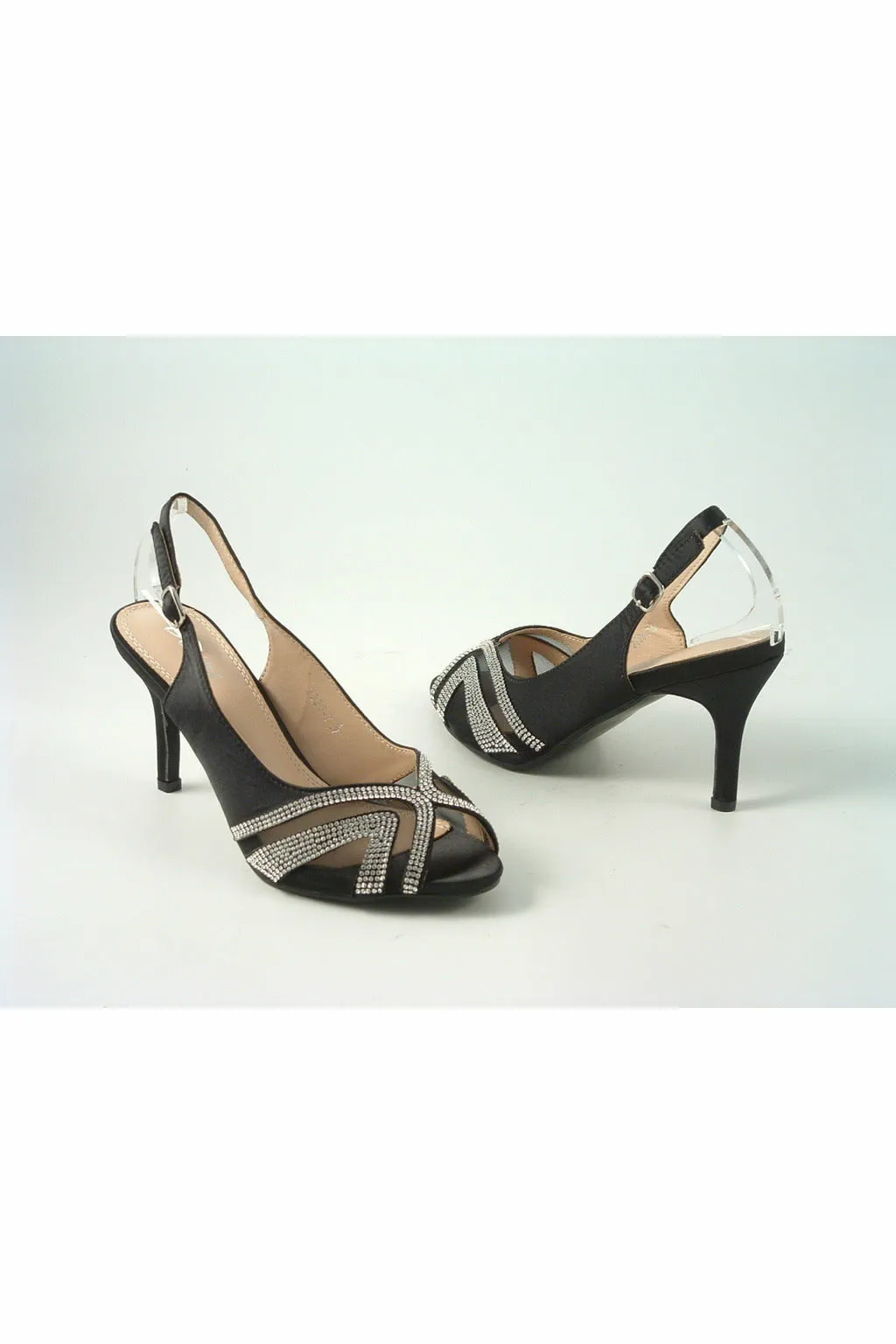 Glitz Shoes Sienna Black Satin Diamante Peep Toe Sling Back Mid Heel sold by Goddiva product image thumbnail 2