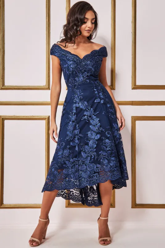 Goddiva Embroidered Lace Midi Asymmetrical Hem - Navy sold by Goddiva