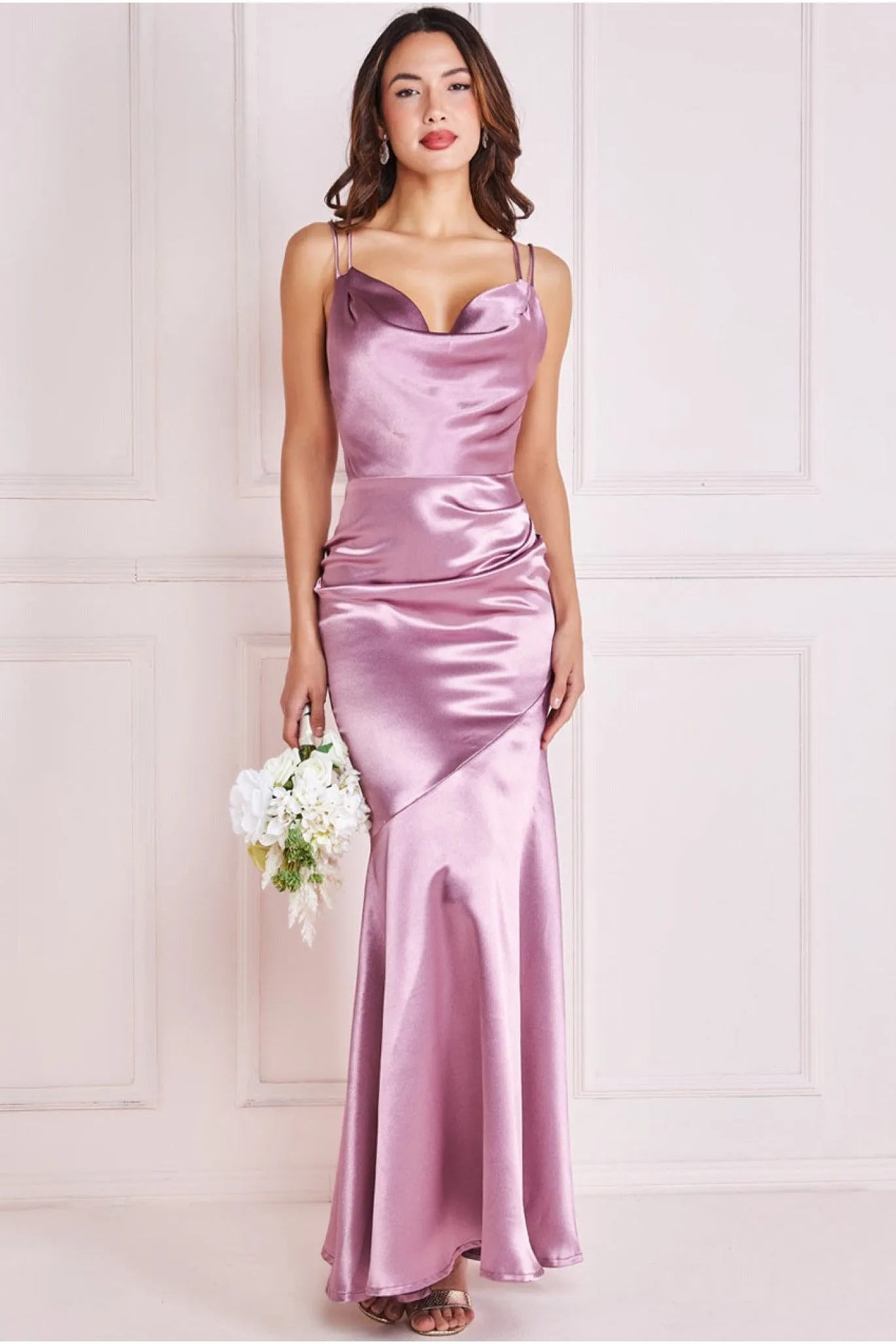 Satin Cowl Neck With Strappy Back Maxi - Pink by Goddiva sold by Goddiva product image thumbnail 2