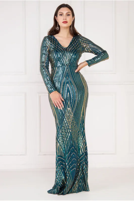 Two Toned V Neck Sequin Maxi - Emerald Green by Goddiva sold by Goddiva