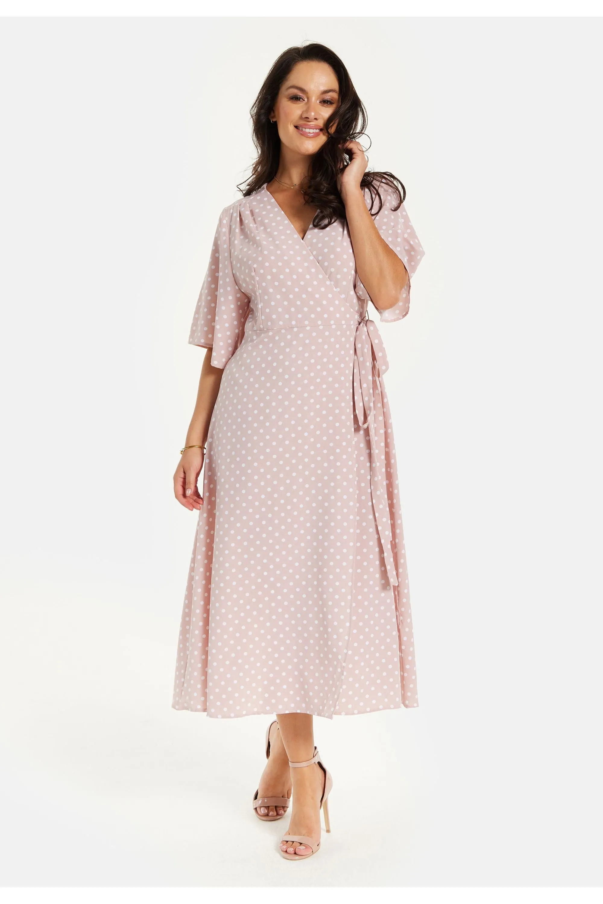Polka Dot Midi Wrap Dress In Light Pink by Liquorish sold by Goddiva